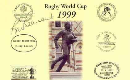 Postcard privately produced in 1999 (coloured) for the Rugby World Cup, signed by Bill Beaumont (England - 34 caps, captain & British Lions captain) unused and pristine, stamps on , stamps on  stamps on rugby, stamps on  stamps on sport