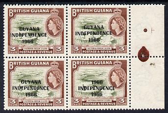 Guyana 1966 Water Lilies 3c with Independence opt (Local opt on Script CA wmk) unmounted mint block of 4, one stamp with '1966' for 'GUYANA' error SG 422a, stamps on flowers