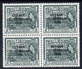 Guyana 1966 Botanical Gardens 2c with Independence opt (Local opt on Script CA wmk) unmounted mint block of 4 with fine offest of opt on gummed side (as SG 421), stamps on flowers