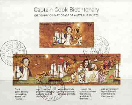 Australia 1970 Bicentenary of Cooks Discovery imperf m/sheet fine cto used, SG MS 465, stamps on cook, stamps on explorers, stamps on ships