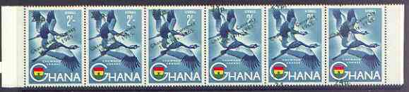 Ghana 1965 New Currency 24p on 2s Crowned Cranes strip of 6 with surch applied obliquely, stamp 6 with 24p at bottom instead of top unmounted mint, SG 393var, stamps on birds, stamps on flags, stamps on cranes