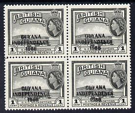 Guyana 1966 GPO Georgetown 1c with Independence opt (Local opt on Script CA wmk) unmounted mint block of 4 with fine offest of opt on gummed side (as SG 420), stamps on postal, stamps on post office