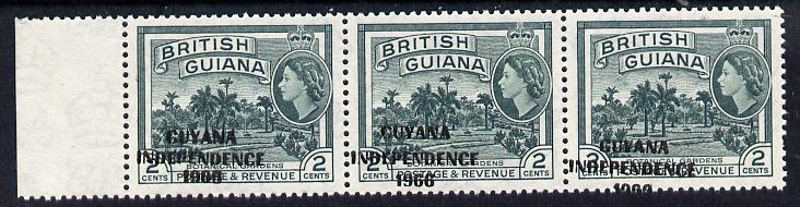 Guyana 1966 Botanical Gardens 2c with Independence opt (Local opt on Script CA wmk) unmounted mint strip of 3 with opt misplaced obliquely (as SG 421), stamps on flowers
