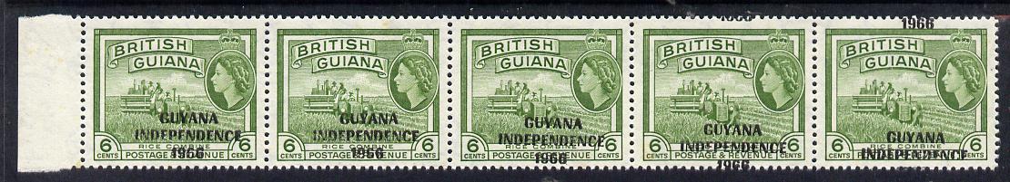 Guyana 1966 Rice Combine 6c with Independence opt (Local opt on Script CA wmk) unmounted mint strip of 5 with opt misplaced obliquely (as SG 424), stamps on agriculture, stamps on farming, stamps on food