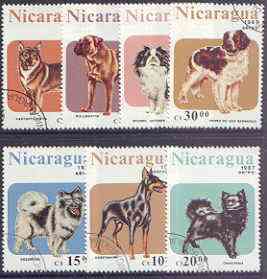 Nicaragua 1987 Dogs perf set of 7 fine used, SG 2878-84*, stamps on dogs, stamps on st bernard, stamps on dobermann, stamps on spaniel, stamps on bull mastiff
