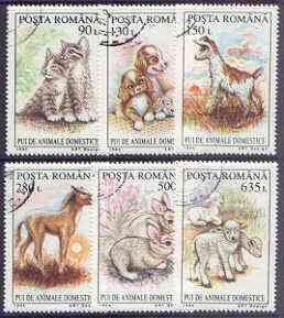 Rumania 1994 Young Domestic Animals perf set of 6 fine cto used, SG 5678-83*, stamps on , stamps on  stamps on animals, stamps on  stamps on horses, stamps on  stamps on cats, stamps on  stamps on dogs, stamps on  stamps on lambs, stamps on  stamps on ovine
