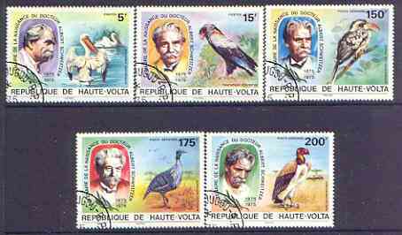 Upper Volta 1975 Birth Centenary of Dr Albert Schweitzer (Birds) perf set of 5 fine cto used, stamps on personalities, stamps on literature, stamps on nobel, stamps on philosophy, stamps on diseases, stamps on birds
