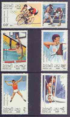 Laos 1989 Barcelona Olympics (1st issue) perf set of 6 unmounted mint, SG 1141-46, stamps on olympics, stamps on high jump, stamps on gymnastics, stamps on bicycles, stamps on boxing, stamps on archery, stamps on swimming, stamps on  gym , stamps on gymnastics, stamps on 