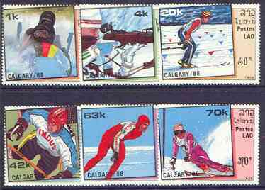 Laos 1988 Calgary Winter Olympics (2nd issue) perf set of 6 unmounted mint, SG 1046-51, stamps on , stamps on  stamps on olympics, stamps on  stamps on skiing, stamps on  stamps on skating, stamps on  stamps on ice hockey, stamps on  stamps on bobsled
