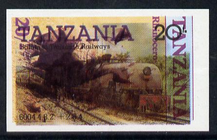 Tanzania 1985 Railways 20s (SG 432) IMPERF printed over 1986 Rhinocerous 20s (SG 481) a remarakable item  unmounted mint, stamps on , stamps on  stamps on animals  railways, stamps on big locos