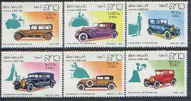Laos 1982 Classic Cars perf set of 6 unmounted mint, SG 599-604, stamps on cars, stamps on fiat, stamps on peugeot, stamps on ford, stamps on renault