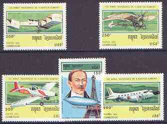 Cambodia 1993 120th Birth Anniversary of Alberto Santos-Dumont (aviator) perf set of 5 unmounted mint, SG 1312-16, stamps on aviation, stamps on balloons