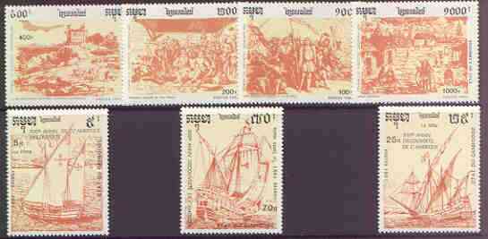 Cambodia 1991 500th Anniversary of Discovery of America by Columbus perf set of 7 unmounted mint, SG 1186-92, stamps on ships, stamps on explorers, stamps on  columbus, stamps on 