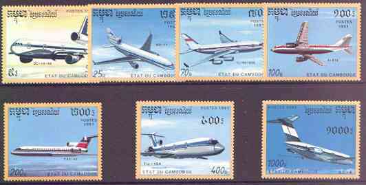 Cambodia 1991 Airplanes perf set of 7 unmounted mint, SG 1171-77, stamps on aviation, stamps on douglas, stamps on dc, stamps on 