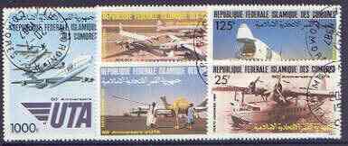 Comoro Islands 1985 50th Anniversary - Aircraft perf set of 5 cto used, SG 587-91*, stamps on aviation, stamps on boeing, stamps on 747, stamps on flying boats, stamps on sikorsky, stamps on douglas, stamps on dc, stamps on 