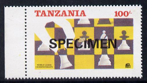 Tanzania 1986 World Chess Championship 100s the unissued design incorporating the Tanzanian emblem & inscriptions at top, unmounted mint optd SPECIMEN (gutter pairs avail..., stamps on chess