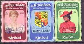 Kiribati 1982 Birth of Prince William opt on 21st birthday of Princess of Wales perf set of 3 unmounted mint, SG 186-88 (gutter pairs available - price x 2), stamps on royalty, stamps on diana, stamps on 