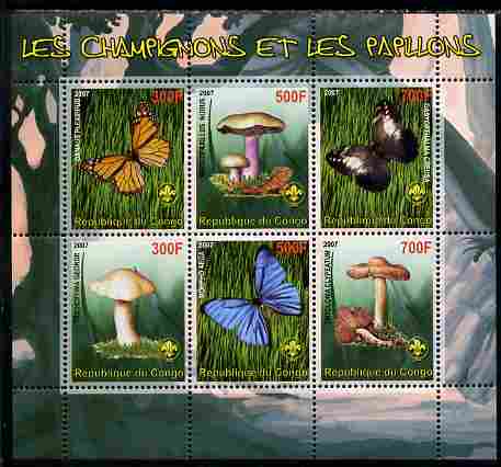 Benin 2007 Fungi & Butterflies (with Scout Logo) perf sheetlet containing 6 values unmounted mint. Note this item is privately produced and is offered purely on its thema..., stamps on butterflies, stamps on fungi, stamps on scouts