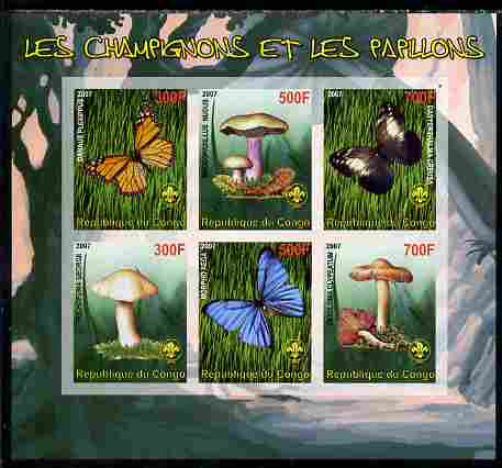 Benin 2007 Fungi & Butterflies (with Scout Logo) imperf sheetlet containing 6 values unmounted mint. Note this item is privately produced and is offered purely on its the..., stamps on butterflies, stamps on fungi, stamps on scouts