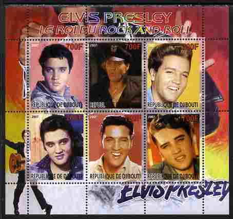 Djibouti 2007 Elvis Presley - King of Rock 'n' Roll #1 perf sheetlet containing 6 values unmounted mint. Note this item is privately produced and is offered purely on its thematic appeal, stamps on films, stamps on cinema, stamps on movies, stamps on elvis, stamps on music, stamps on 