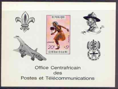 Central African Republic 1971 Traditional Dances 20f + 5f deluxe proof card in full issued colours (as SG 234) optd in black showing Scout logo, Baden Powell, Concorde & ..., stamps on dancing, stamps on scouts, stamps on concorde, stamps on malaria, stamps on diseases, stamps on aviation, stamps on 