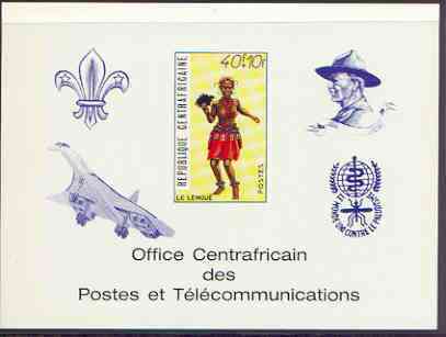 Central African Republic 1971 Traditional Dances 40f + 10f deluxe proof card in full issued colours (as SG 235) optd in blue showing Scout logo, Baden Powell, Concorde & ..., stamps on dancing, stamps on scouts, stamps on concorde, stamps on malaria, stamps on diseases, stamps on aviation, stamps on 
