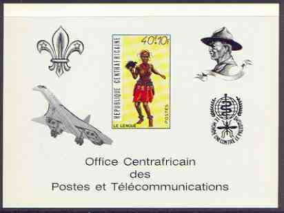 Central African Republic 1971 Traditional Dances 40f + 10f deluxe proof card in full issued colours (as SG 235) optd in black showing Scout logo, Baden Powell, Concorde &..., stamps on dancing, stamps on scouts, stamps on concorde, stamps on malaria, stamps on diseases, stamps on aviation, stamps on 