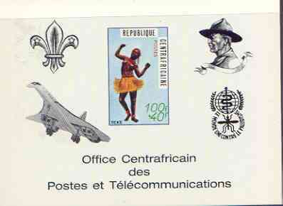Central African Republic 1971 Traditional Dances 100f + 40f deluxe proof card in full issued colours (as SG 236) opt'd in black showing Scout logo, Baden Powell, Concorde & Anti Malaria Logo, stamps on , stamps on  stamps on dancing, stamps on  stamps on scouts, stamps on  stamps on concorde, stamps on  stamps on malaria, stamps on  stamps on diseases, stamps on  stamps on aviation, stamps on  stamps on 