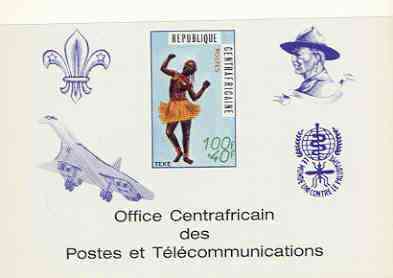 Central African Republic 1971 Traditional Dances 100f + 40f deluxe proof card in full issued colours (as SG 236) opt'd in blue showing Scout logo, Baden Powell, Concorde & Anti Malaria Logo, stamps on dancing, stamps on scouts, stamps on concorde, stamps on malaria, stamps on diseases, stamps on aviation, stamps on 