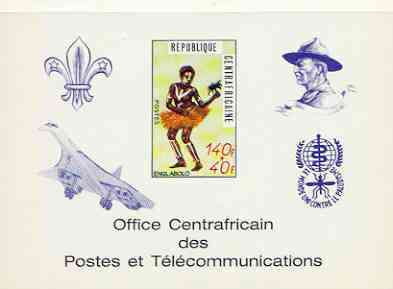 Central African Republic 1971 Traditional Dances 140f + 40f deluxe proof card in full issued colours (as SG 237) opt'd in blue showing Scout logo, Baden Powell, Concorde & Anti Malaria Logo, stamps on dancing, stamps on scouts, stamps on concorde, stamps on malaria, stamps on diseases, stamps on aviation, stamps on 