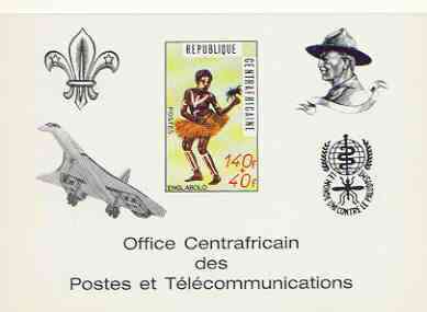 Central African Republic 1971 Traditional Dances 140f + 40f deluxe proof card card in full issued colours (as SG 237) optd in black showing Scout logo, Baden Powell, Conc..., stamps on dancing, stamps on scouts, stamps on concorde, stamps on malaria, stamps on diseases, stamps on aviation, stamps on 