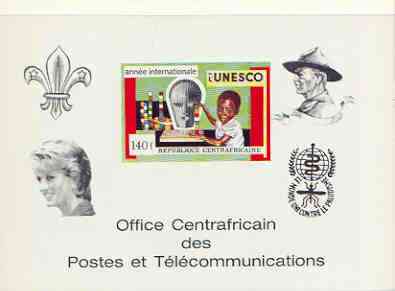 Central African Republic 1971 UNESCO deluxe proof card in full issued colours (as SG 267) opt'd in black showing Scout logo, Baden Powell, Princess Di & Anti Malaria Logo, stamps on unesco, stamps on scouts, stamps on malaria, stamps on diseases, stamps on diana, stamps on royalty, stamps on united nations