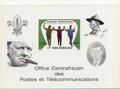 Central African Republic 1970 Reconciliation deluxe proof card in full issued colours (as SG 228) optd in black showing Scout logo, Baden Powell, Churchill & Kennedy, stamps on scouts, stamps on churchill, stamps on kennedy, stamps on personalities, stamps on constitutions