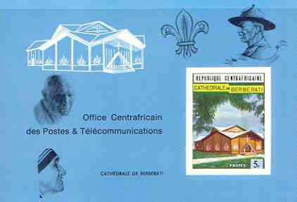 Central African Republic 1971 Roman Catholic Cathedral deluxe proof card in full issued colours (as SG 250) opt'd in black showing Scout logo, Baden Powell, the Pope & Mother Teresa, stamps on scouts, stamps on pope, stamps on personalities, stamps on women, stamps on nobel, stamps on teresa, stamps on cathedrals, stamps on churches