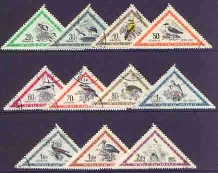 Hungary 1952 Birds - triangular perf set of 11 cto used, SG 1224-34, stamps on birds, stamps on triangulars, stamps on stork, stamps on plovers, stamps on bustard, stamps on falcon, stamps on ibis, stamps on egret, stamps on birds of prey