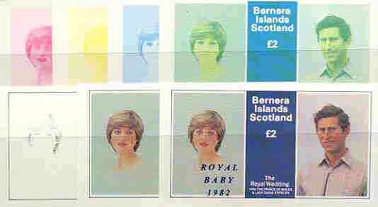 Bernera 1982 Royal Baby opt on Royal Wedding deluxe sheet (\A32 value) the set of 7 imperf progressive colour proofs comprising the four individual colours plus various c..., stamps on charles, stamps on diana, stamps on royalty, stamps on william