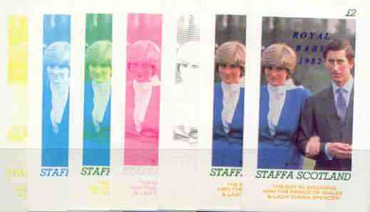 Staffa 1982 Royal Baby opt on Royal Wedding deluxe sheet (\A32 value) the set of 7 imperf progressive colour proofs comprising the four individual colours plus various composites incl completed design unmounted mint, stamps on charles, stamps on diana, stamps on royalty, stamps on william