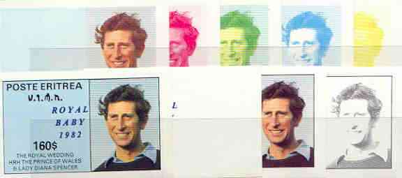 Eritrea 1982 Royal Baby opt on Royal Wedding souvenir sheet (160 value) the set of 9 imperf progressive colour proofs comprising the four individual colours plus various composites incl completed design, stamps on charles, stamps on royalty, stamps on william