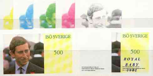 Iso - Sweden 1982 Royal Baby opt on Royal Wedding 500 souvenir sheet (Prince Charles), the set of 8 imperf progressive proofs comprising the individual colours plus vario..., stamps on charles, stamps on royalty, stamps on william, stamps on  iso , stamps on 