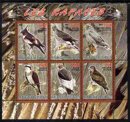 Djibouti 2007 Birds of Prey with Scout Logos perf sheetlet containing 6 values unmounted mint. Note this item is privately produced and is offered purely on its thematic appeal, stamps on birds, stamps on birds of prey, stamps on owls, stamps on scouts