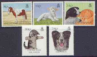 Falkland Islands 1993 Pets perf set of 5 unmounted mint, SG 691-95, stamps on , stamps on  stamps on animals, stamps on  stamps on horses, stamps on  stamps on sheep, stamps on  stamps on ovine, stamps on  stamps on cats, stamps on  stamps on dogs, stamps on  stamps on collie