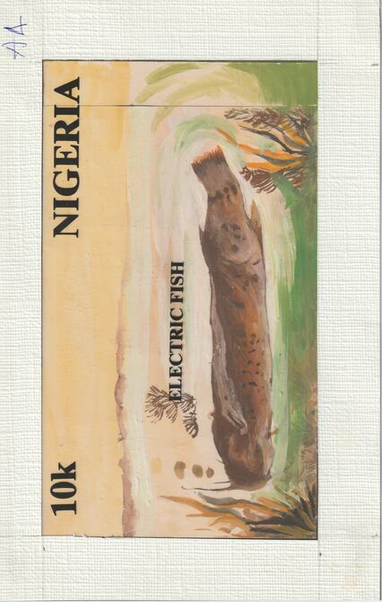 Nigeria 1991 Fishes - original hand-painted artwork for 10k value (Catfish) by unknown artist on card 8.5 x 5 endorsed A4, stamps on fish     marine-life