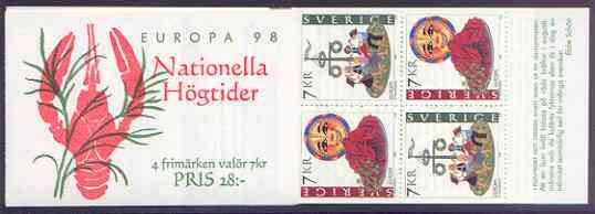 Sweden 1998 Europa - National Festivals 28k booklet complete and pristine, SG SB 520, stamps on europa, stamps on folklore, stamps on cultures, stamps on dancing, stamps on food, stamps on marine life, stamps on lobsters