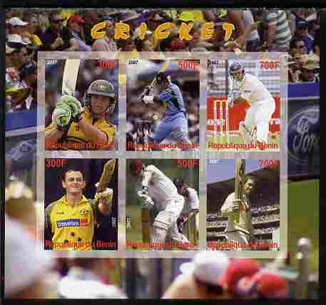 Benin 2007 Cricket imperf sheetlet containing 6 values unmounted mint. Note this item is privately produced and is offered purely on its thematic appeal, stamps on , stamps on  stamps on sport, stamps on  stamps on cricket