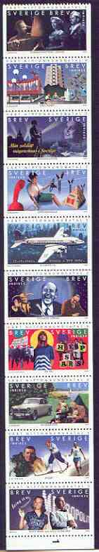 Sweden 1999 The Twentieth Century (2nd issue) booklet pane containing complete set of 10 values unmounted mint, SG 2026a, stamps on , stamps on  stamps on millennium, stamps on  stamps on communications, stamps on  stamps on aviation, stamps on  stamps on douglas, stamps on  stamps on dc, stamps on  stamps on pops, stamps on  stamps on cars, stamps on  stamps on volvo, stamps on  stamps on opera, stamps on  stamps on jazz, stamps on  stamps on music, stamps on  stamps on boxing, stamps on  stamps on skiing