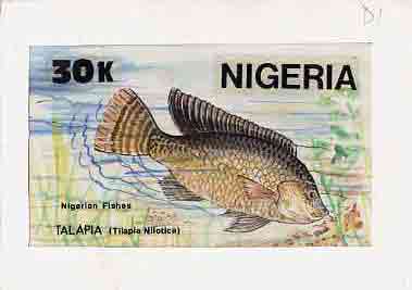 Nigeria 1991 Fishes - original hand-painted artwork for 30k value (Talapia) by Godrick N Osuji on card 9 x 5 endorsed D1, stamps on fish     marine-life