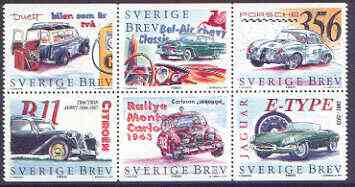 Sweden 1997 Cars booklet pane containing complete set of 6 values unmounted mint, SG 1941a, stamps on cars, stamps on jaguar, stamps on saab, stamps on citroen, stamps on porsche, stamps on volvo, stamps on chevrolet, stamps on  oil , stamps on 