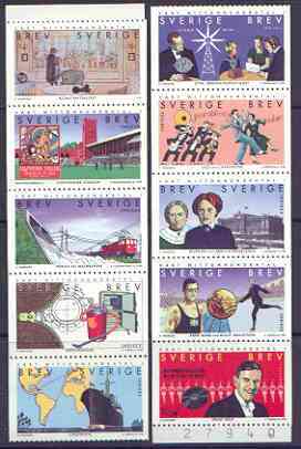 Sweden 1998 The Twentieth Century (1st issue) booklet pane containing complete set of 10 values unmounted mint, SG 1993a, stamps on millennium, stamps on arts, stamps on olympics, stamps on energy, stamps on railways, stamps on ships, stamps on maps, stamps on jazz, stamps on dancing, stamps on women, stamps on entertainments, stamps on slania