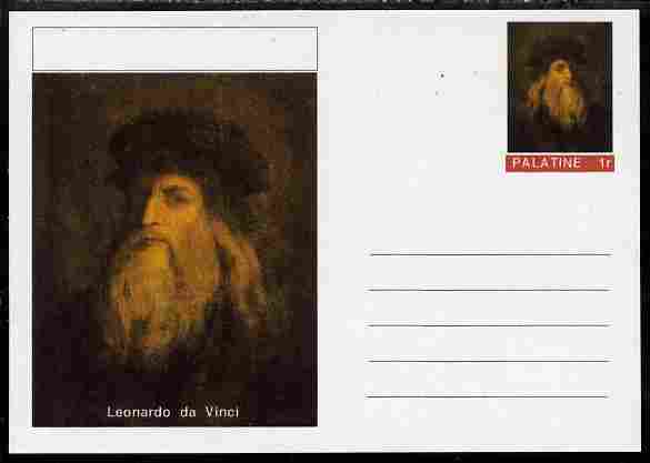 Palatine (Fantasy) Personalities - Leonardo da Vinci postal stationery card unused and fine, stamps on personalities, stamps on leonardo, stamps on da vinci, stamps on arts, stamps on science, stamps on maths, stamps on sculpture, stamps on inventor