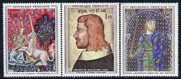 France 1964 French Art perf set of 3 unmounted mint, SG 1637-39, stamps on arts, stamps on tapestry, stamps on textiles, stamps on unicorns, stamps on death
